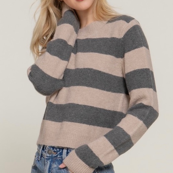 Active Basic Charcoal Grey & Tan Striped Long Sleeve Crew Neck Sweater - Picture 3 of 4